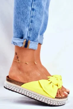 Damskie Klapki Wysokie Żółte Neonowe Mortigo Damskie Klapki Damskie Klasyczne