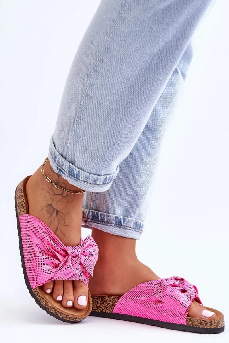 Outlet Damskie Klapki Z Błyszczącą Kokardą Różowe Cristina Damskie Klapki Korkowe|Klapki Na Platformie