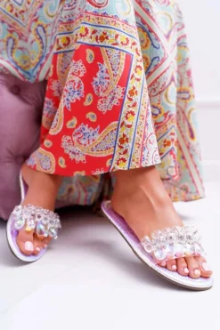 Klapki Damskie Klasyczne>Boto Damskie Klapki Z Cyrkoniami Lu Boo Benzynowe Srebrne Mediana