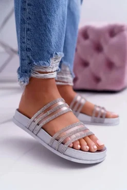 New Damskie Klapki Z Cyrkoniami Srebrne Larena Damskie Klapki Sportowe|Klapki Damskie Klasyczne