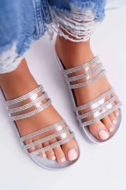 New Damskie Klapki Z Cyrkoniami Srebrne Larena Damskie Klapki Sportowe|Klapki Damskie Klasyczne