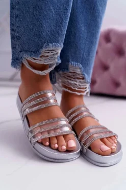 New Damskie Klapki Z Cyrkoniami Srebrne Larena Damskie Klapki Sportowe|Klapki Damskie Klasyczne