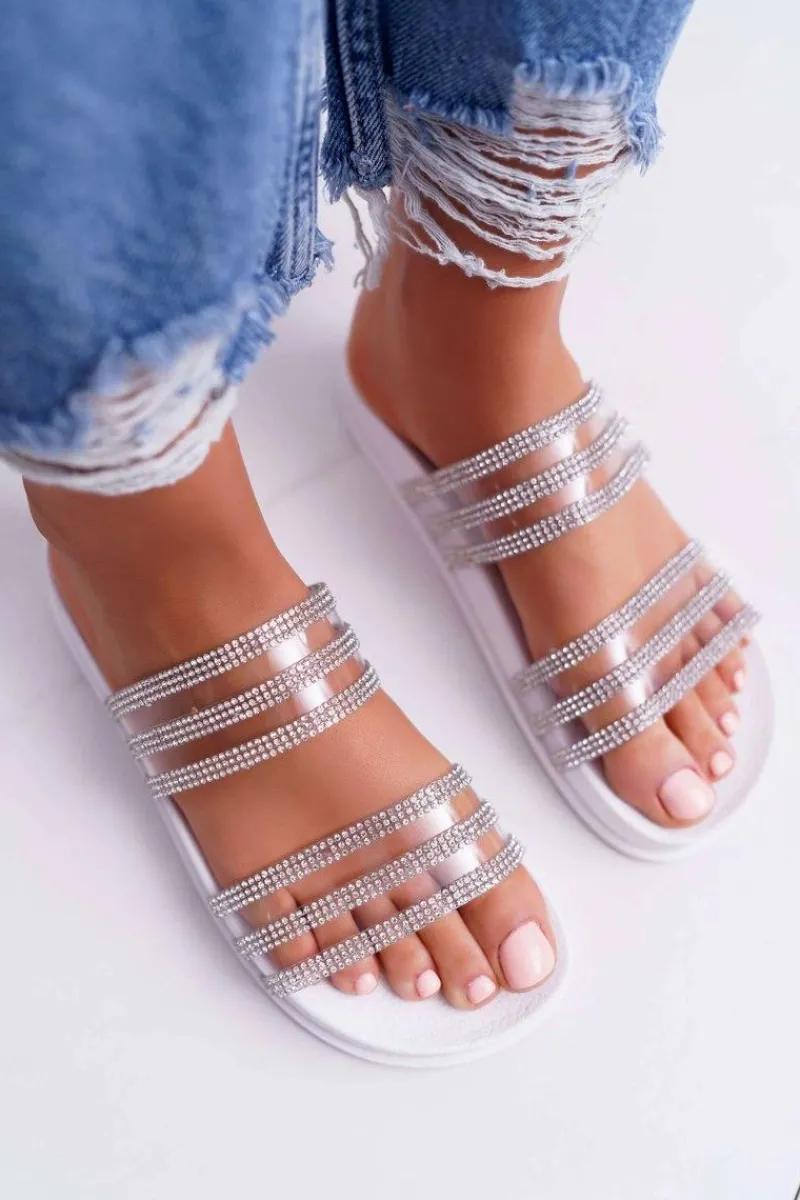 Klapki Sportowe|Klapki Damskie Klasyczne>Boto Damskie Klapki Z Cyrkoniami Białe Larena