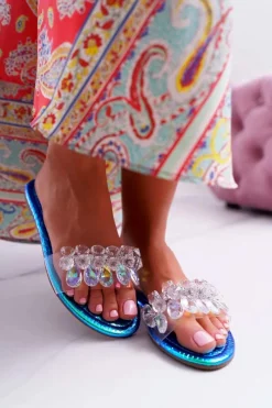 Clearance Boto Damskie Klapki Z Cyrkoniami Lu Boo Benzynowe Niebieskie Mediana