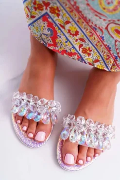 Best Damskie Klapki Z Cyrkoniami Lu Boo Benzynowe Różowe Mediana Damskie Klapki Damskie Klasyczne