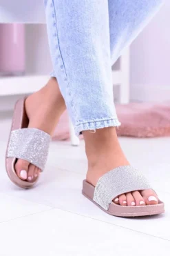 Outlet Boto Damskie Klapki Z Cyrkoniami MadameCristal Różowe