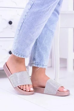 Outlet Boto Damskie Klapki Z Cyrkoniami MadameCristal Różowe