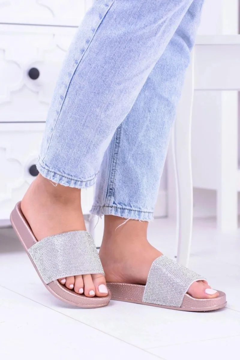 Outlet Boto Damskie Klapki Z Cyrkoniami MadameCristal Różowe