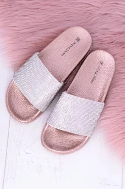 Outlet Boto Damskie Klapki Z Cyrkoniami MadameCristal Różowe