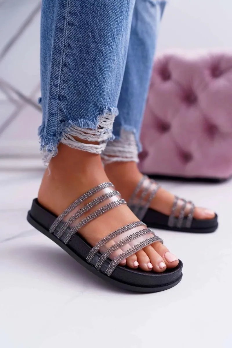 Outlet Boto Damskie Klapki Z Cyrkoniami Czarne Larena