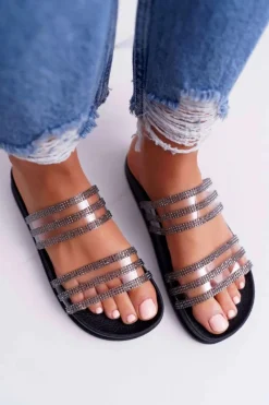 Outlet Boto Damskie Klapki Z Cyrkoniami Czarne Larena