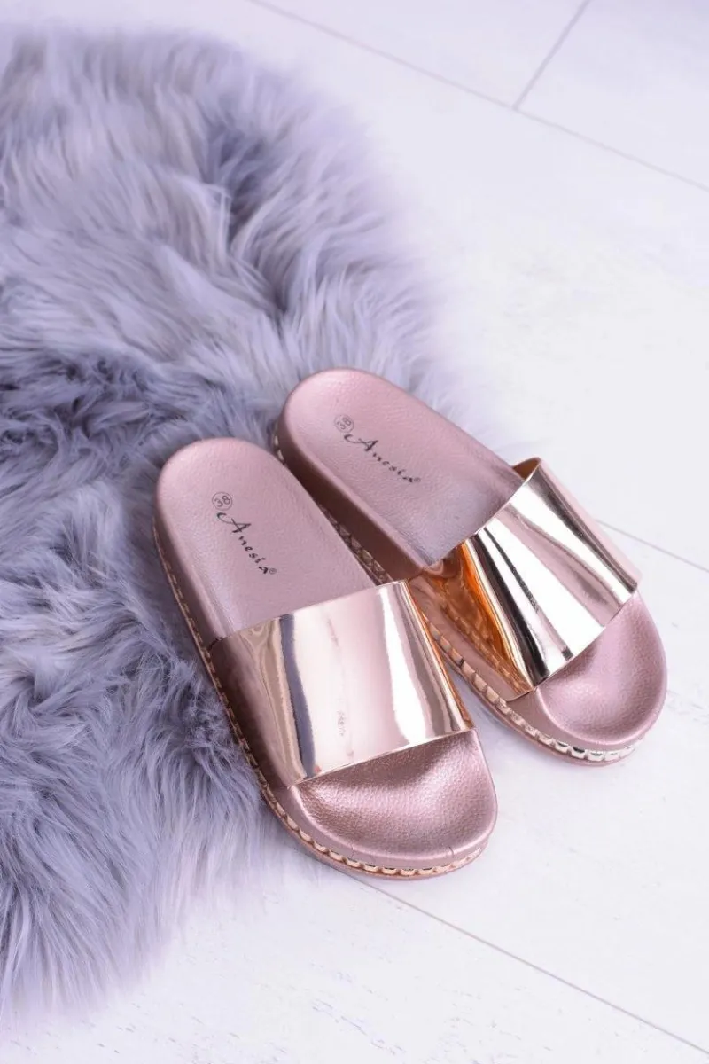 Hot Damskie Klapki z Dżetami Mirock Różowe Złoto Damskie Klapki Sportowe|Klapki Damskie Klasyczne