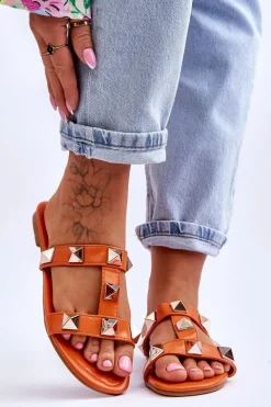 Klapki Damskie Klasyczne>Boto Damskie Klapki Z Dużymi Ćwiekami Pomarańczowe Mercure Pomarańczowy