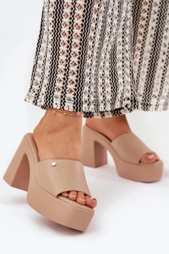 Klapki Na Obcasie|Klapki Damskie Klasyczne>Boto Damskie Klapki Z Eko Skóry Na Słupku I Platformie Khaki Tamirella Beżowy