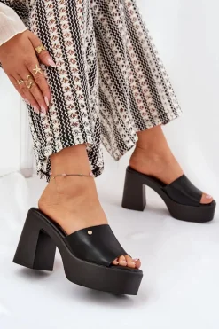 Hot Damskie Klapki Z Eko Skóry Na Słupku I Platformie Czarne Tamirella Damskie Klapki Na Obcasie|Klapki Damskie Klasyczne