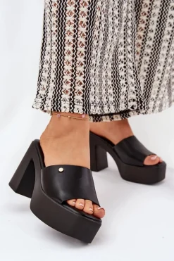 Hot Damskie Klapki Z Eko Skóry Na Słupku I Platformie Czarne Tamirella Damskie Klapki Na Obcasie|Klapki Damskie Klasyczne