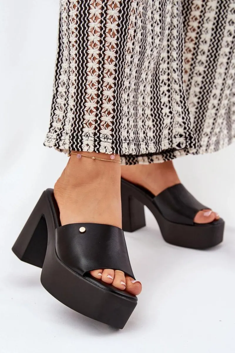 Hot Damskie Klapki Z Eko Skóry Na Słupku I Platformie Czarne Tamirella Damskie Klapki Na Obcasie|Klapki Damskie Klasyczne