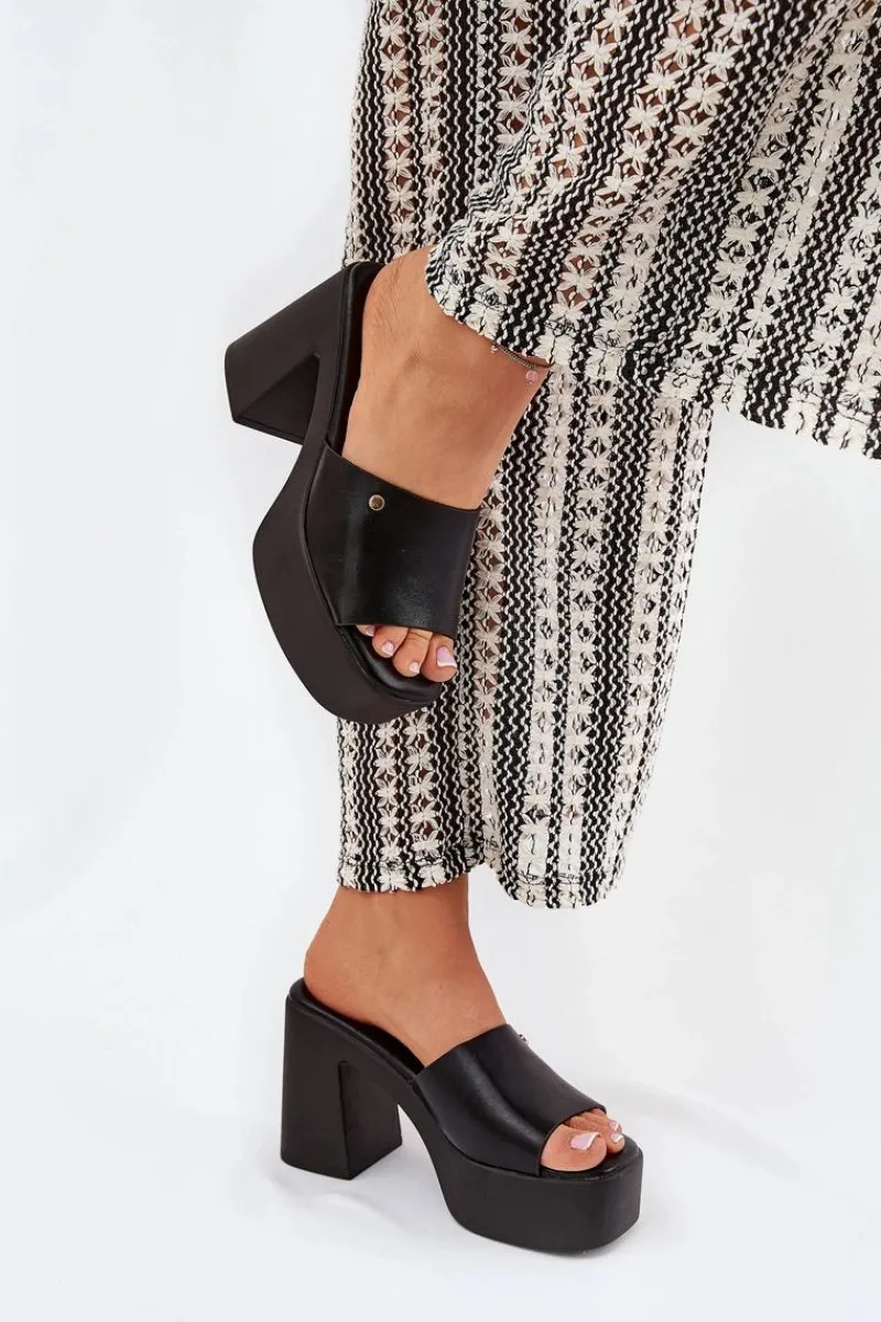 Hot Damskie Klapki Z Eko Skóry Na Słupku I Platformie Czarne Tamirella Damskie Klapki Na Obcasie|Klapki Damskie Klasyczne