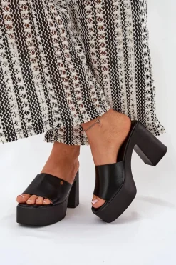 Hot Damskie Klapki Z Eko Skóry Na Słupku I Platformie Czarne Tamirella Damskie Klapki Na Obcasie|Klapki Damskie Klasyczne