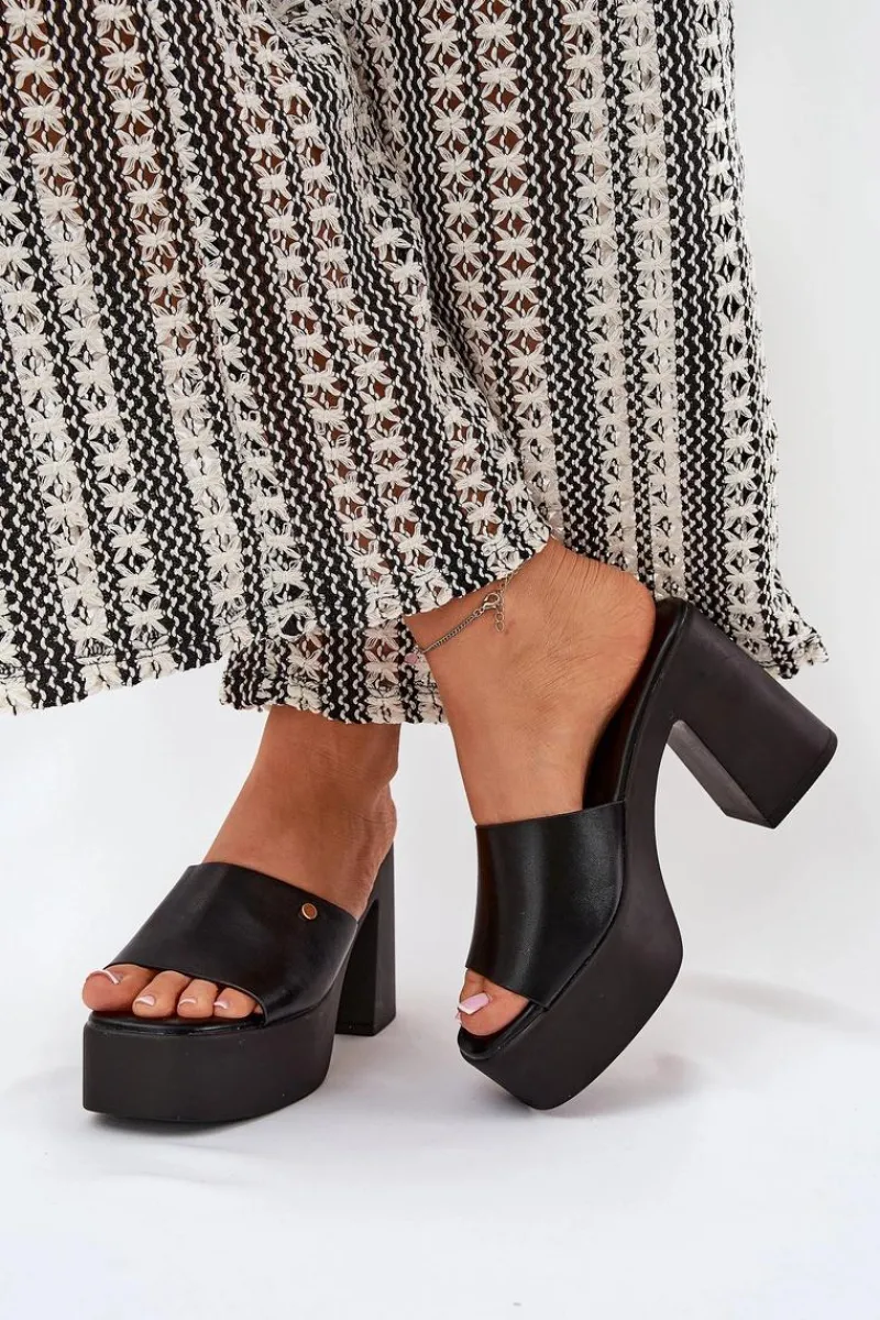 Hot Damskie Klapki Z Eko Skóry Na Słupku I Platformie Czarne Tamirella Damskie Klapki Na Obcasie|Klapki Damskie Klasyczne