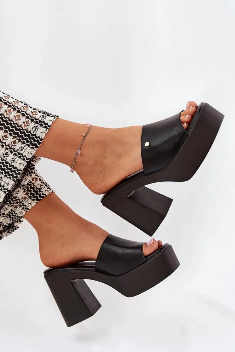 Hot Damskie Klapki Z Eko Skóry Na Słupku I Platformie Czarne Tamirella Damskie Klapki Na Obcasie|Klapki Damskie Klasyczne