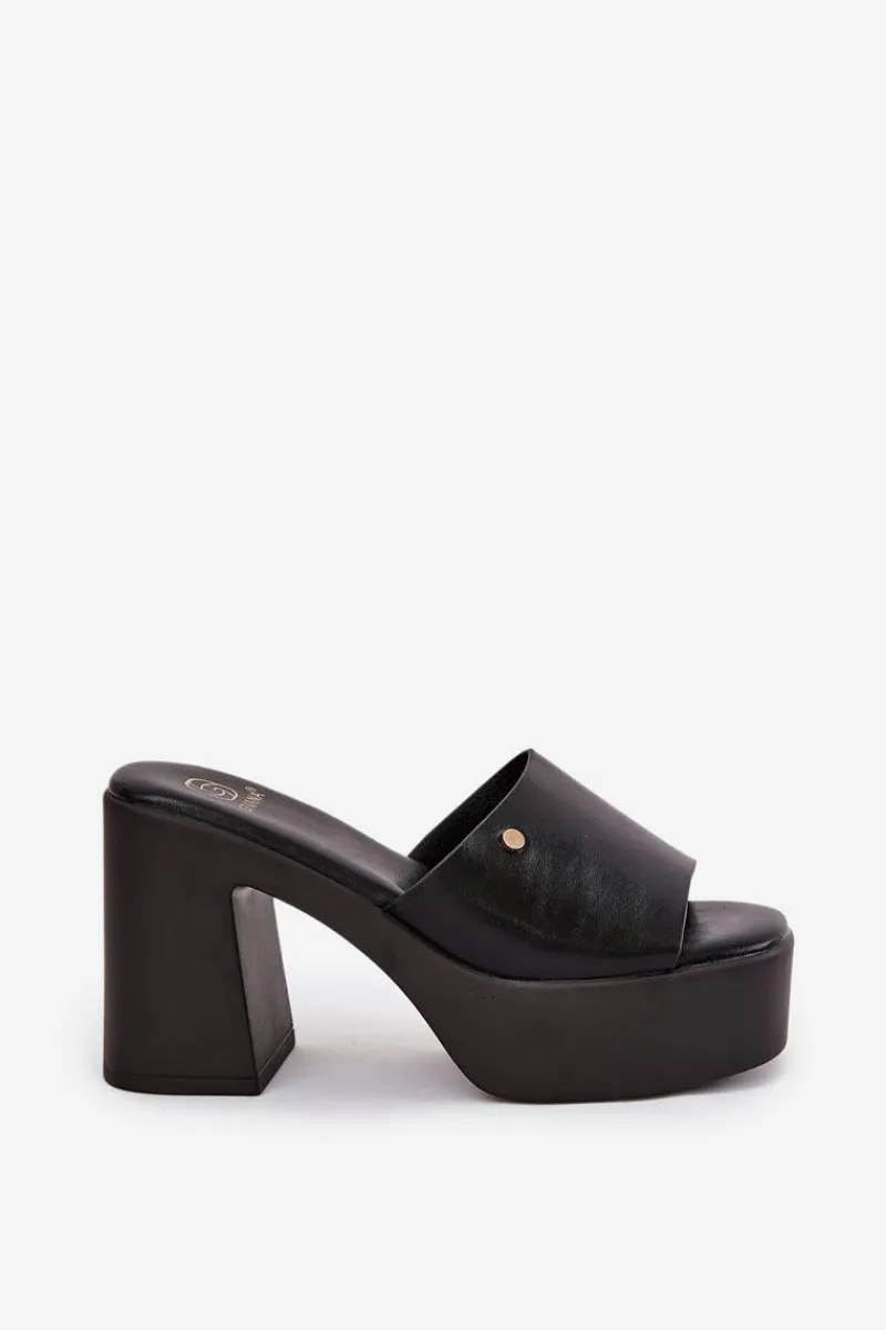 Hot Damskie Klapki Z Eko Skóry Na Słupku I Platformie Czarne Tamirella Damskie Klapki Na Obcasie|Klapki Damskie Klasyczne