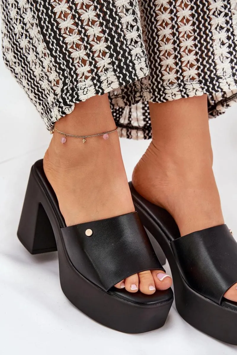 Hot Damskie Klapki Z Eko Skóry Na Słupku I Platformie Czarne Tamirella Damskie Klapki Na Obcasie|Klapki Damskie Klasyczne