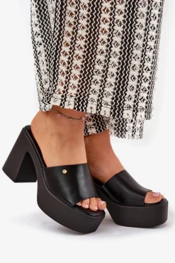 Hot Damskie Klapki Z Eko Skóry Na Słupku I Platformie Czarne Tamirella Damskie Klapki Na Obcasie|Klapki Damskie Klasyczne