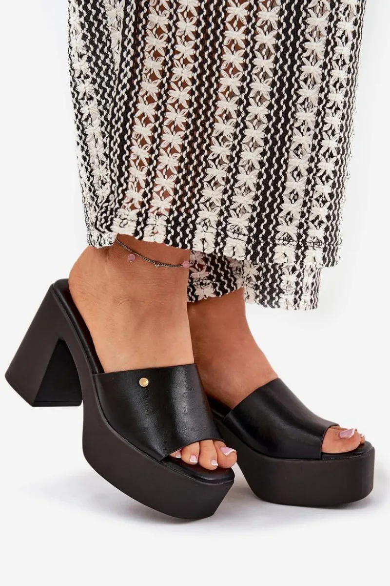 Hot Damskie Klapki Z Eko Skóry Na Słupku I Platformie Czarne Tamirella Damskie Klapki Na Obcasie|Klapki Damskie Klasyczne