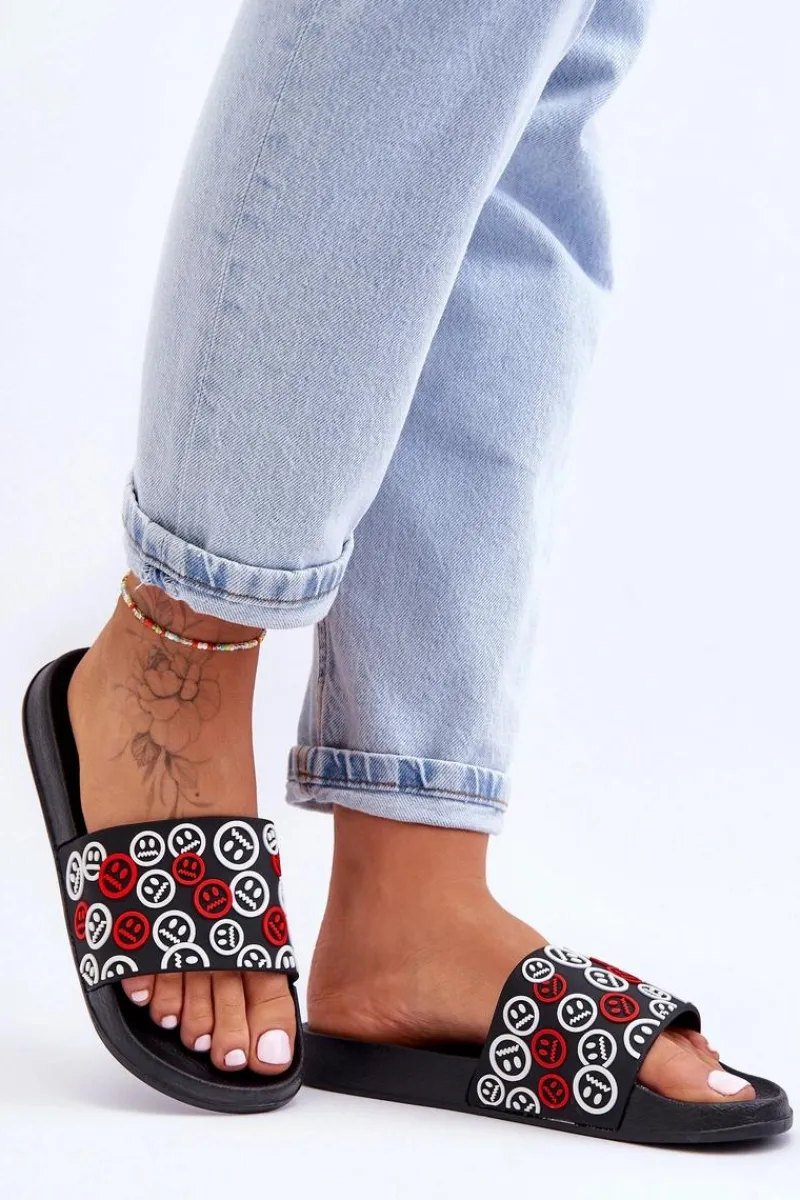 Klapki Basenowe|Klapki Damskie Klasyczne>Boto Damskie Klapki Z Emotikonami Czarne Cosette
