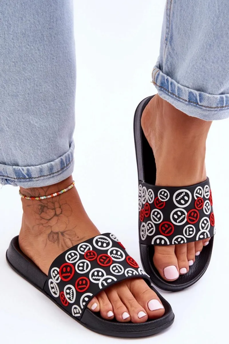 Klapki Basenowe|Klapki Damskie Klasyczne>Boto Damskie Klapki Z Emotikonami Czarne Cosette