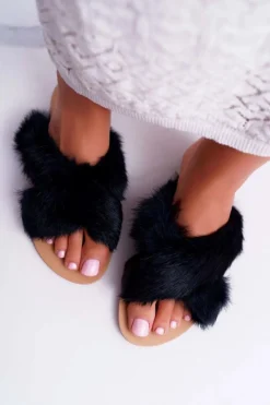 Best Damskie Klapki Z Futerkiem Lu Boo Czarne Damskie Klapki Z Futerkiem|Klapki Damskie Klasyczne