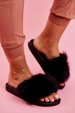 Hot Damskie Klapki z Futerkiem Czarne Belmondo Damskie Klapki Z Futerkiem|Klapki Damskie Klasyczne