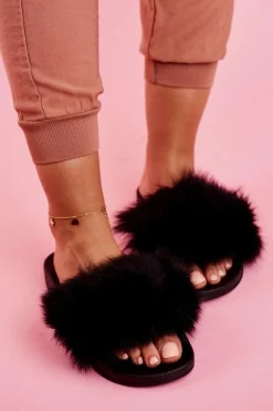 Hot Damskie Klapki z Futerkiem Czarne Belmondo Damskie Klapki Z Futerkiem|Klapki Damskie Klasyczne