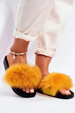 Outlet Boto Damskie Klapki z Futerkiem Żółte Belmondo