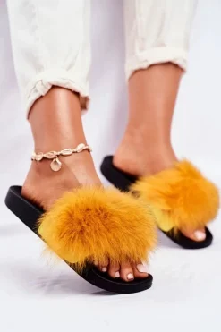 Outlet Boto Damskie Klapki z Futerkiem Żółte Belmondo