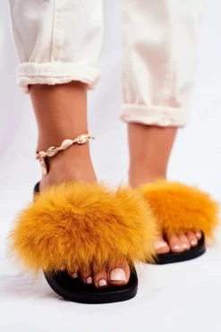 Outlet Boto Damskie Klapki z Futerkiem Żółte Belmondo