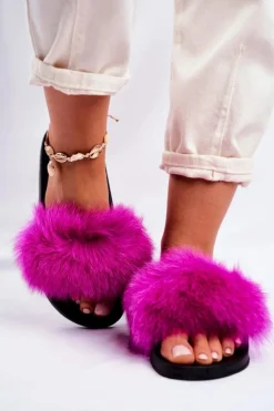 Hot Damskie Klapki z Futerkiem Fuksja Belmondo Damskie Klapki Z Futerkiem|Klapki Damskie Klasyczne