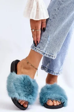 New Boto Damskie Klapki Z Futerkiem Turkusowe Kennet
