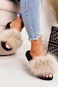 Outlet Boto Damskie Klapki z Futerkiem Beżowe Belmondo