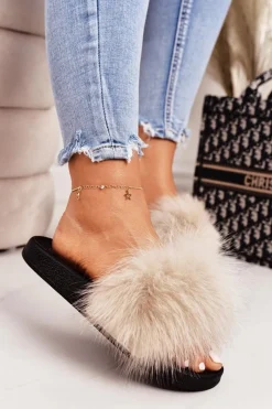 Outlet Boto Damskie Klapki z Futerkiem Beżowe Belmondo