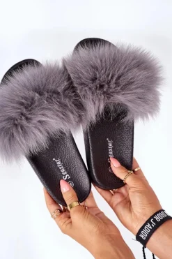 Boto Damskie Klapki z Futerkiem Ciemnoszare Belmondo