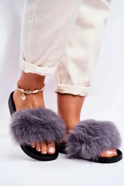 Damskie Klapki z Futerkiem Szare Belmondo Damskie Klapki Z Futerkiem|Klapki Damskie Klasyczne