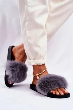 Damskie Klapki z Futerkiem Szare Belmondo Damskie Klapki Z Futerkiem|Klapki Damskie Klasyczne