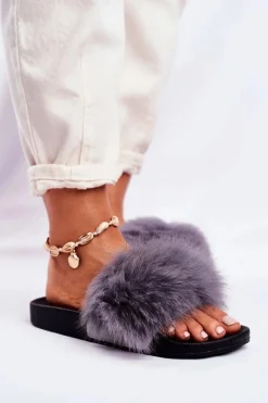 Damskie Klapki z Futerkiem Szare Belmondo Damskie Klapki Z Futerkiem|Klapki Damskie Klasyczne