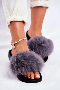 Damskie Klapki z Futerkiem Szare Belmondo Damskie Klapki Z Futerkiem|Klapki Damskie Klasyczne