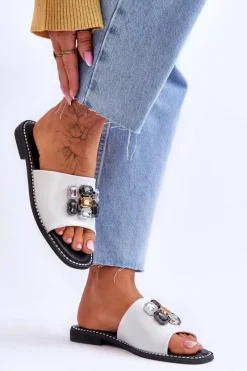 Damskie Klapki Z Kamieniami S.Barski KV-2775-31 Biało-Srebrne Damskie Klapki Damskie Klasyczne