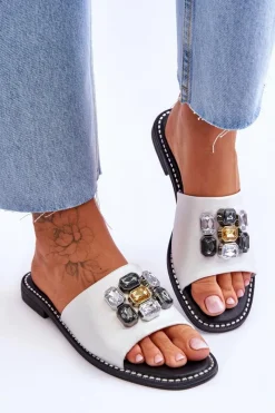 Damskie Klapki Z Kamieniami S.Barski KV-2775-31 Biało-Srebrne Damskie Klapki Damskie Klasyczne