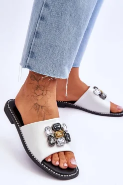 Damskie Klapki Z Kamieniami S.Barski KV-2775-31 Biało-Srebrne Damskie Klapki Damskie Klasyczne