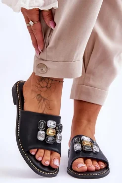 Klapki Damskie Klasyczne>Damskie buty S.Barski Damskie Klapki Z Kamieniami S.Barski KV-2775-31 Czarne Czarny